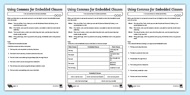 Embedded Clause Worksheets Using Paired Commas Twinkl