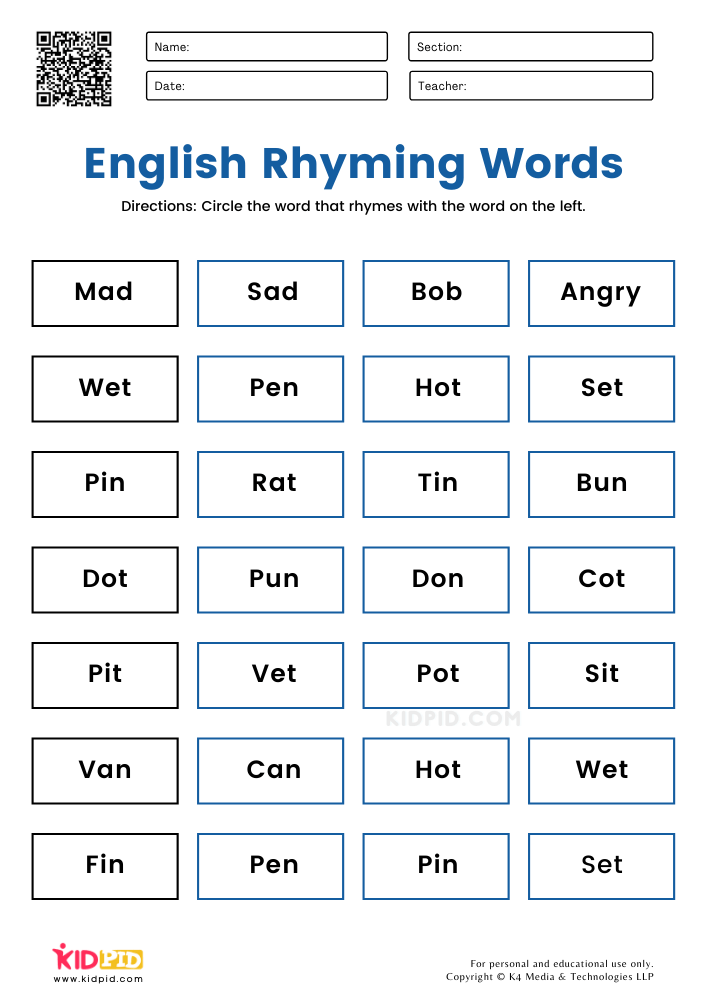 English Rhyming Words Worksheets For Grade 1 Kidpid