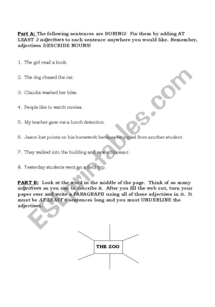 English Worksheets Adding Adjectives To boring Sentences 