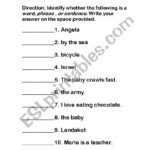 English Worksheets Identifying Words Phrase And Sentence