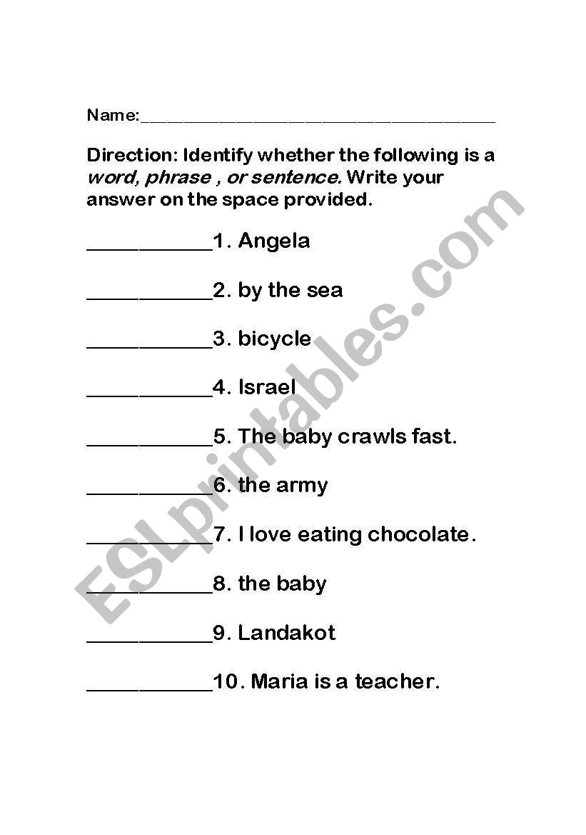 English Worksheets Identifying Words Phrase And Sentence