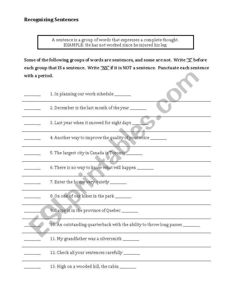 English Worksheets Recognizing Sentences