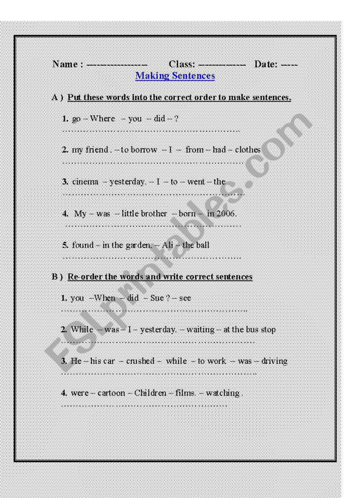 English Worksheets Reordering Sentences