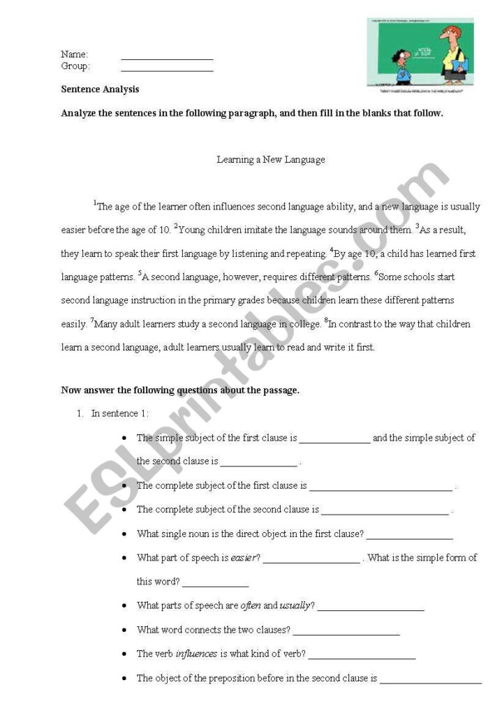 English Worksheets Sentence Analysis