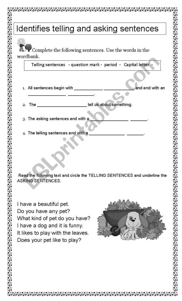 English Worksheets TELLING AND ASKING SENTENCES