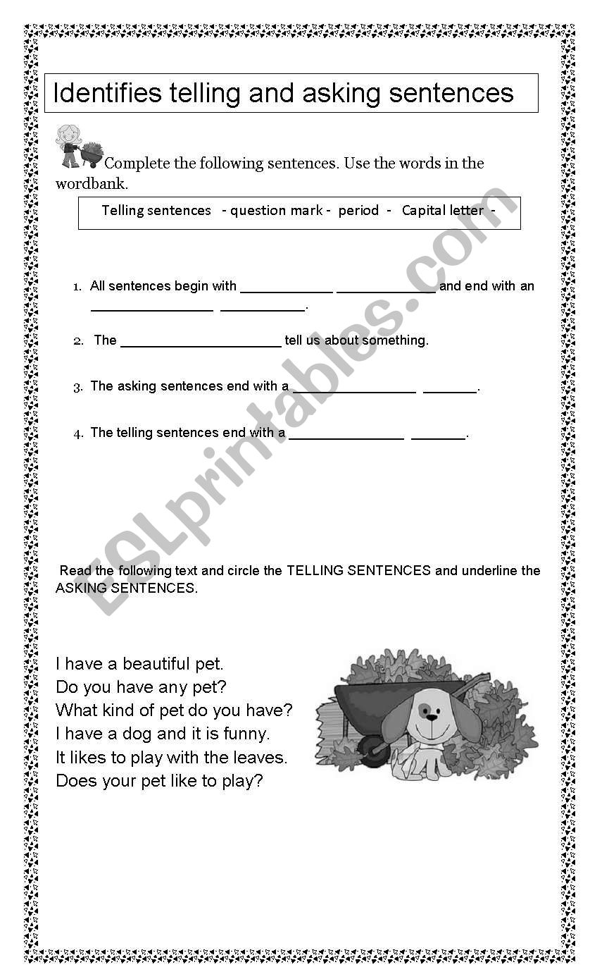 English Worksheets TELLING AND ASKING SENTENCES