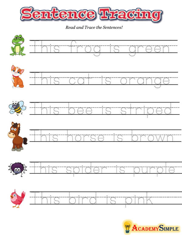 English Writing Sentence Tracing Worksheets Animals And Colors 