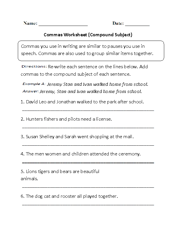 Englishlinx Commas Worksheets Compound Subject Subject And 