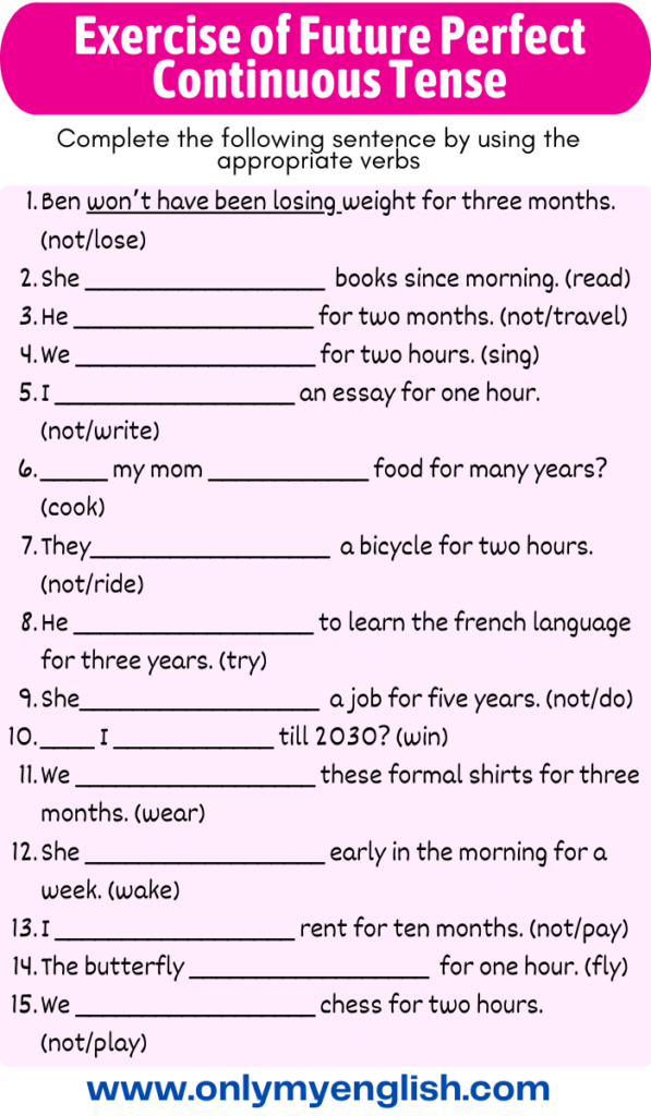 Exercise Of Future Perfect Continuous Tense With Answers