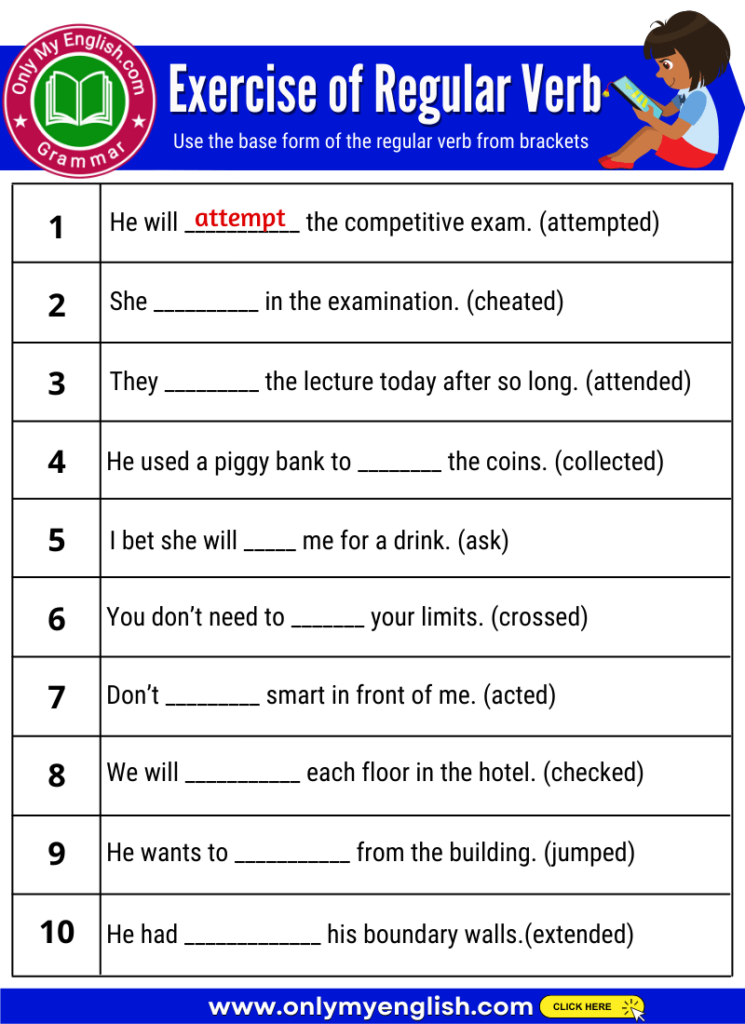 Exercise Of Regular Verb With Answers Onlymyenglish