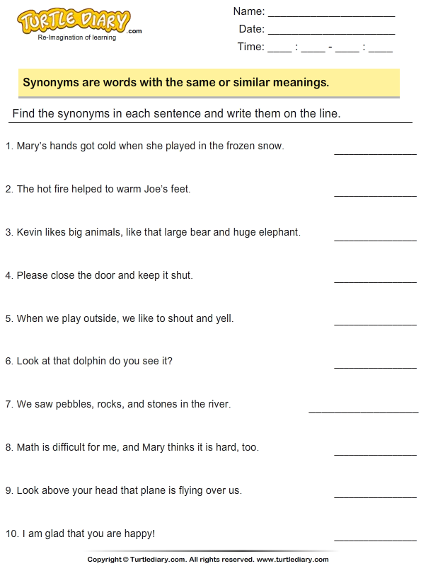 Find Synonyms In A Sentence Turtle Diary Worksheet