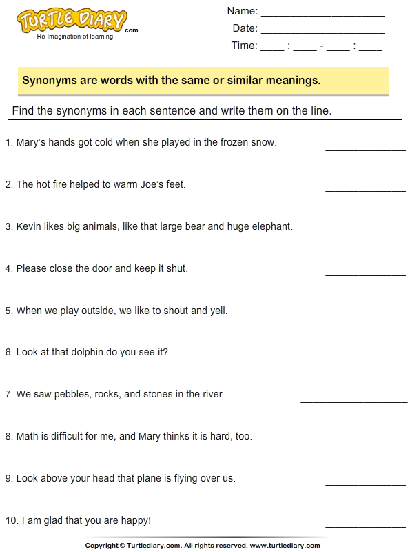 Find Synonyms In A Sentence Worksheet Turtle Diary