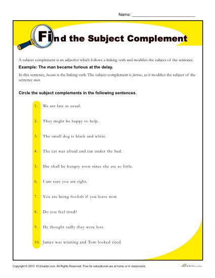 Find The Subject Complement Worksheet