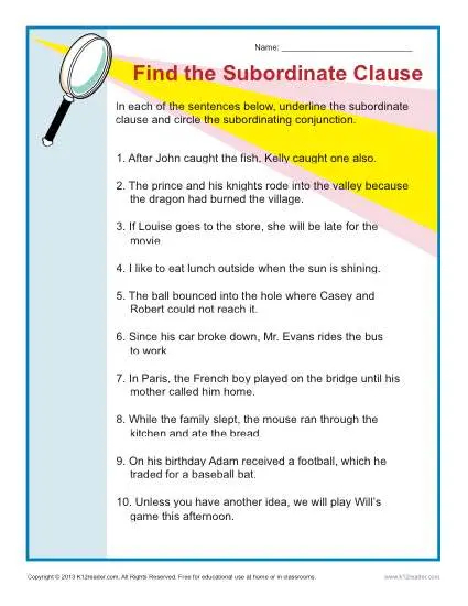 Find The Subordinate Clause Sentence Structure Worksheets