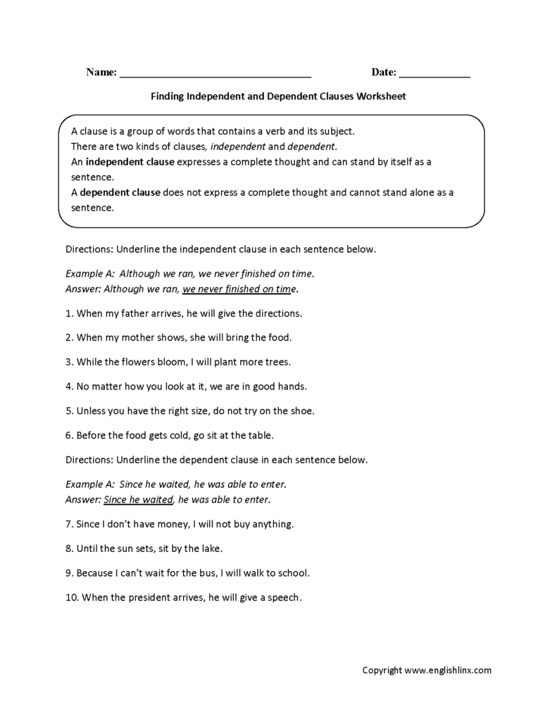 Finding Independent And Dependent Clauses Worksheet Dependent Clause 