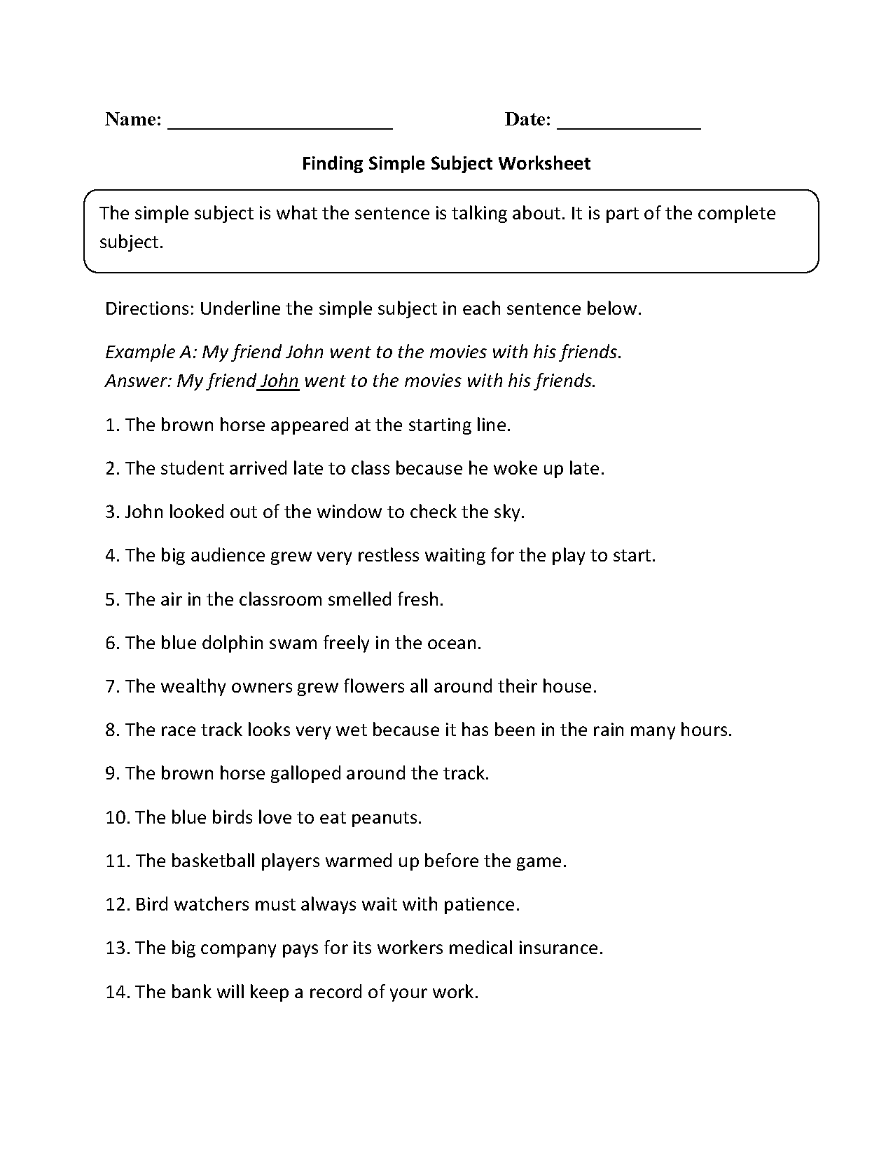 Finding Simple Subject Worksheet Subject And Predicate Worksheets