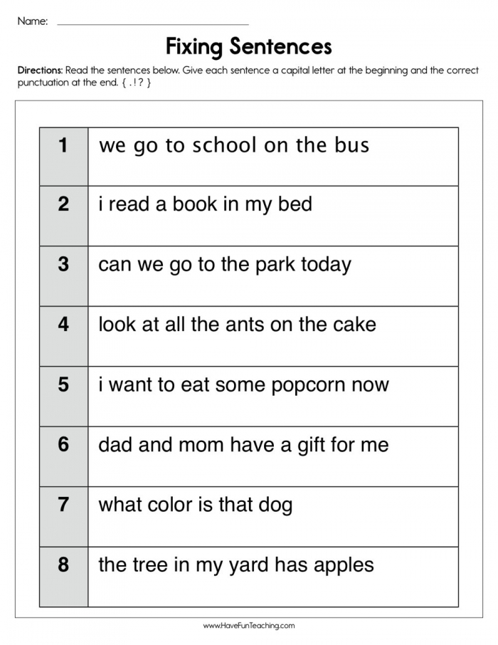 Fix Sentences Worksheet