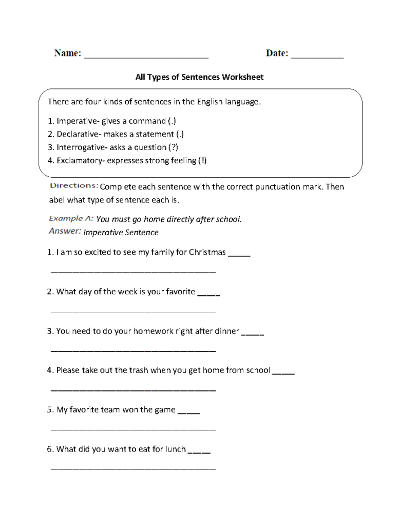 Four Types Of Sentences Worksheet