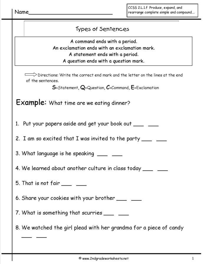 Four Types Of Sentences Worksheet