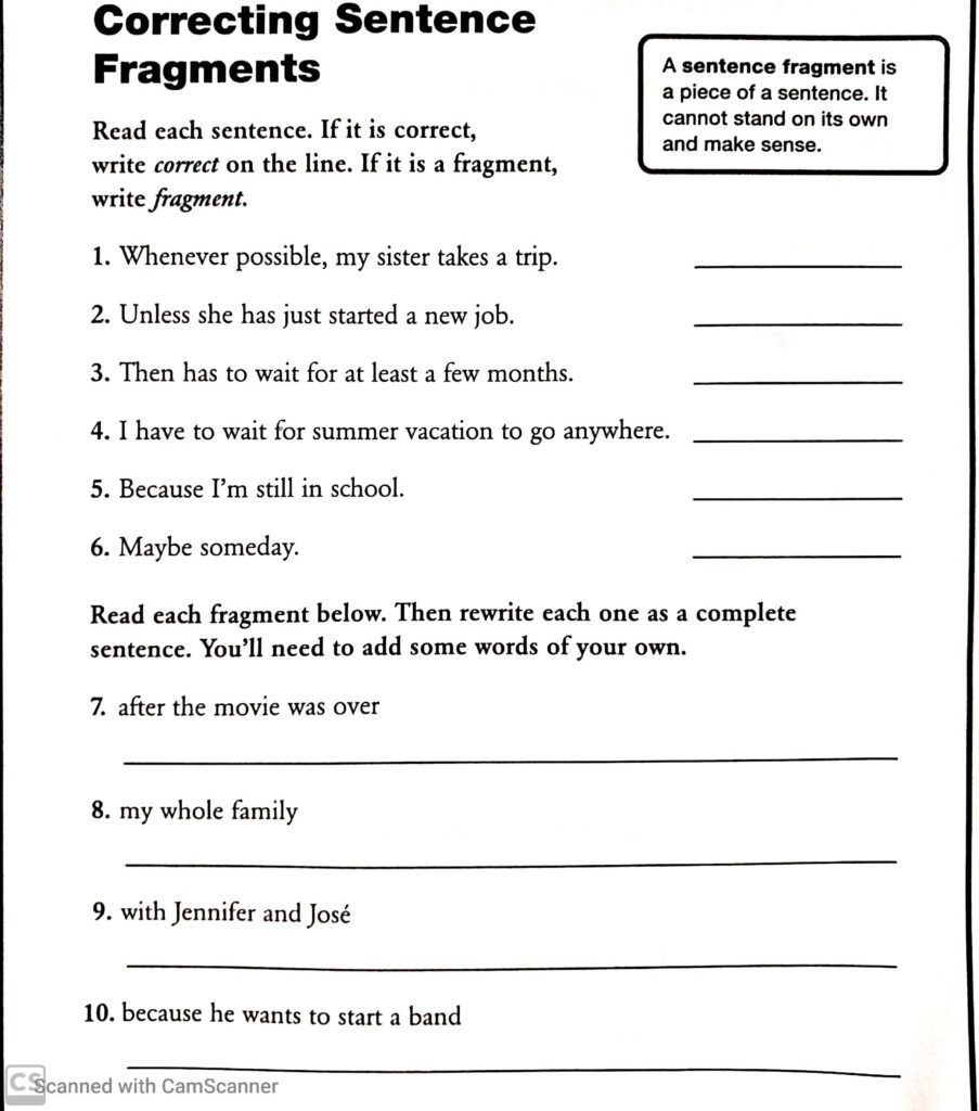 Fragment Sentence Worksheets