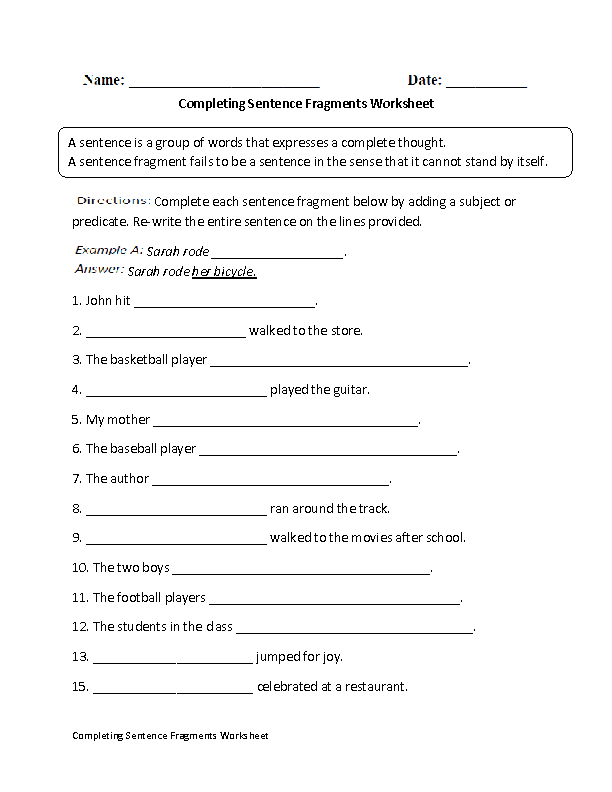 Fragments And Complete Sentences Worksheet