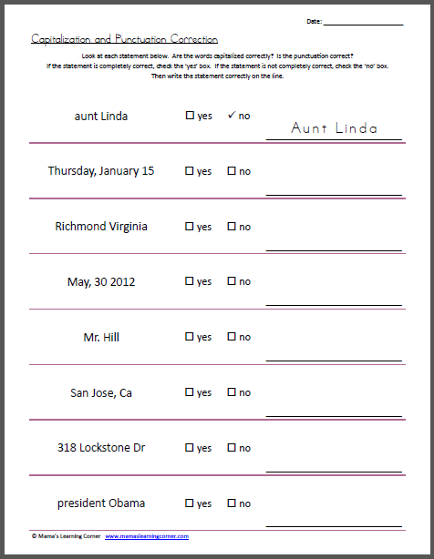 Free Capitalization And Punctuation Correction Worksheets