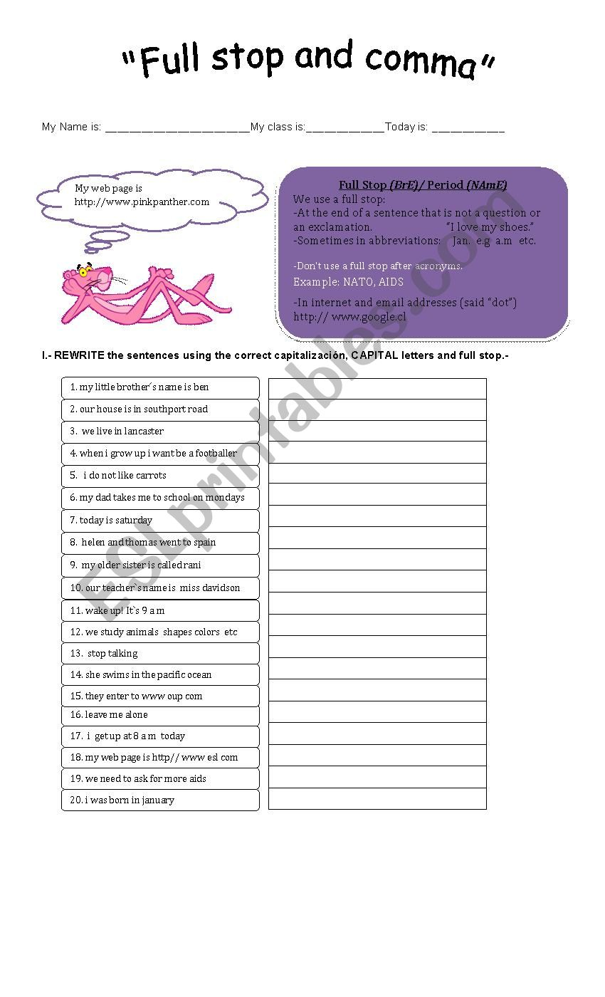Full Stop And Comma ESL Worksheet By Aprilfirst83