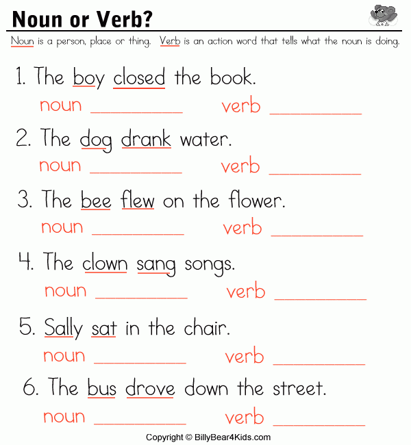 Grade 1 Sample Worksheets On Nouns Verbs And Adjectives