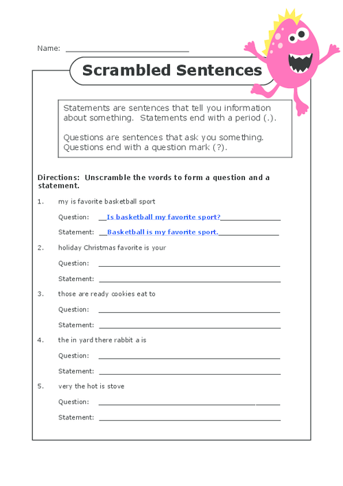 Grade 2 Scrambled Sentences Worksheet