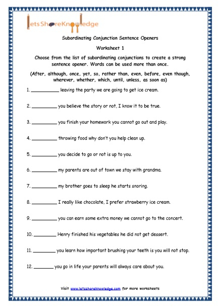 Grade 4 English Resources Printable Worksheets Topic Sentence Openers