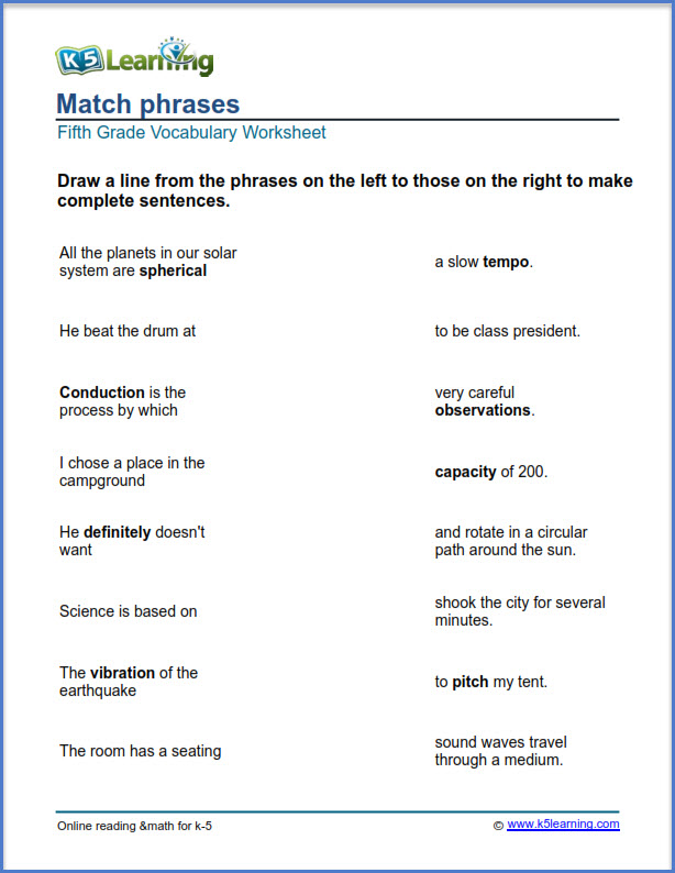 Grade 5 English Worksheets Match Phrases K5 Learning In 2021 