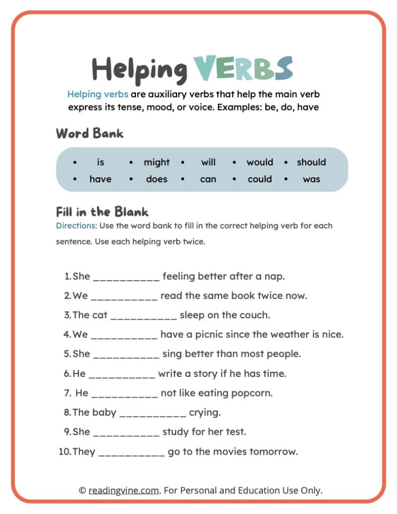 Helping Verbs Worksheets Definition Examples ReadingVine