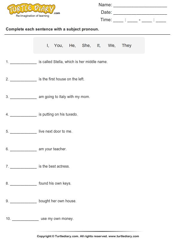 Identify Subject Pronoun For Each Sentence Worksheet Turtle Diary