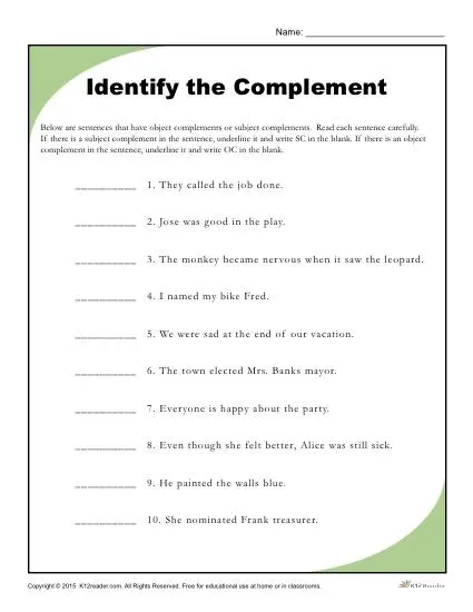 Identify The Complement Worksheet