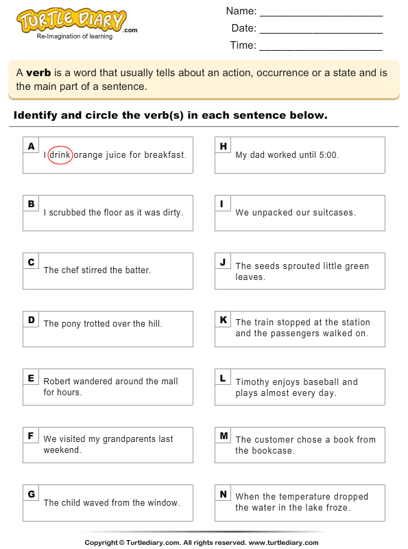 Identify The Verbs In A Sentence Worksheet Turtle Diary