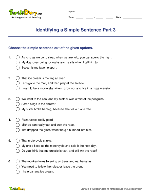 Identifying A Simple Sentence Part 3 Turtle Diary Worksheet