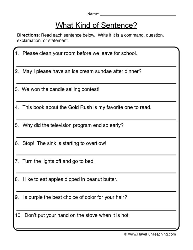 Identifying Four Kinds Of Sentences Worksheet