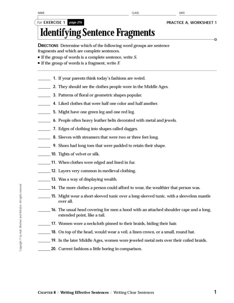 Identifying Sentence Fragments Practice A Worksheets 1 Answe
