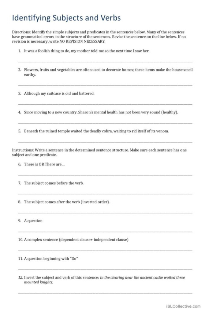 Identifying Subjects And Verbs English ESL Worksheets Pdf Doc