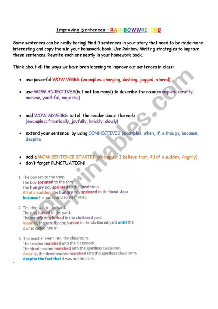 Improving Sentences Rainbow Writing ESL Worksheet By Katarinagrade1