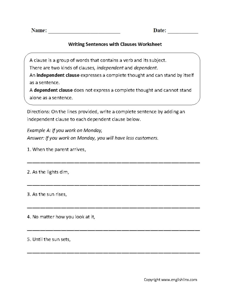 Independent And Dependent Clauses Worksheet