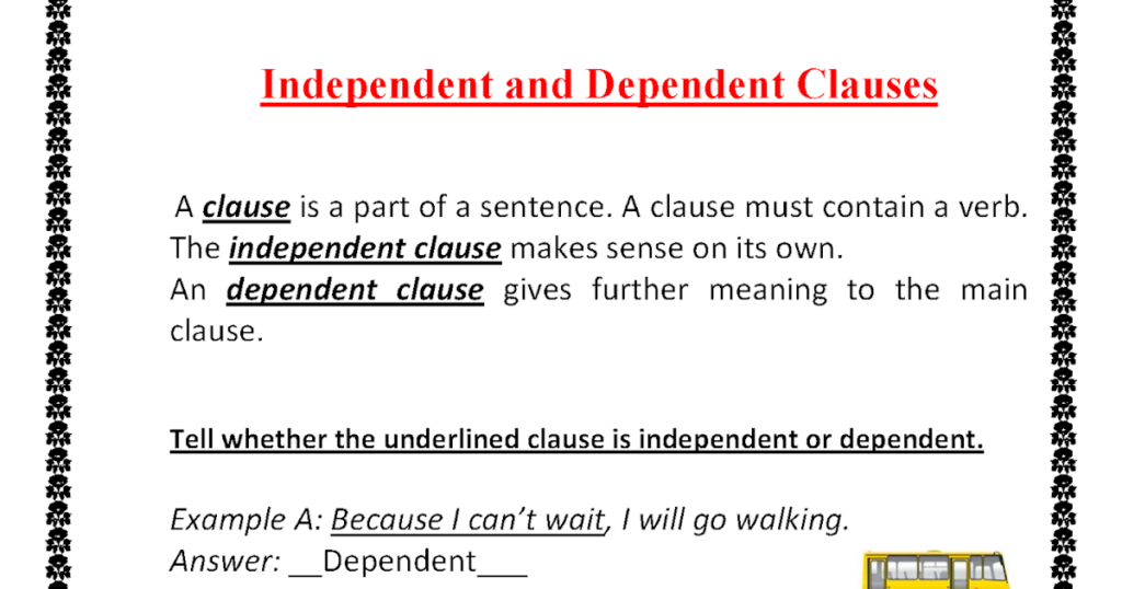 Independent And Dependent subordinate Clauses Worksheet