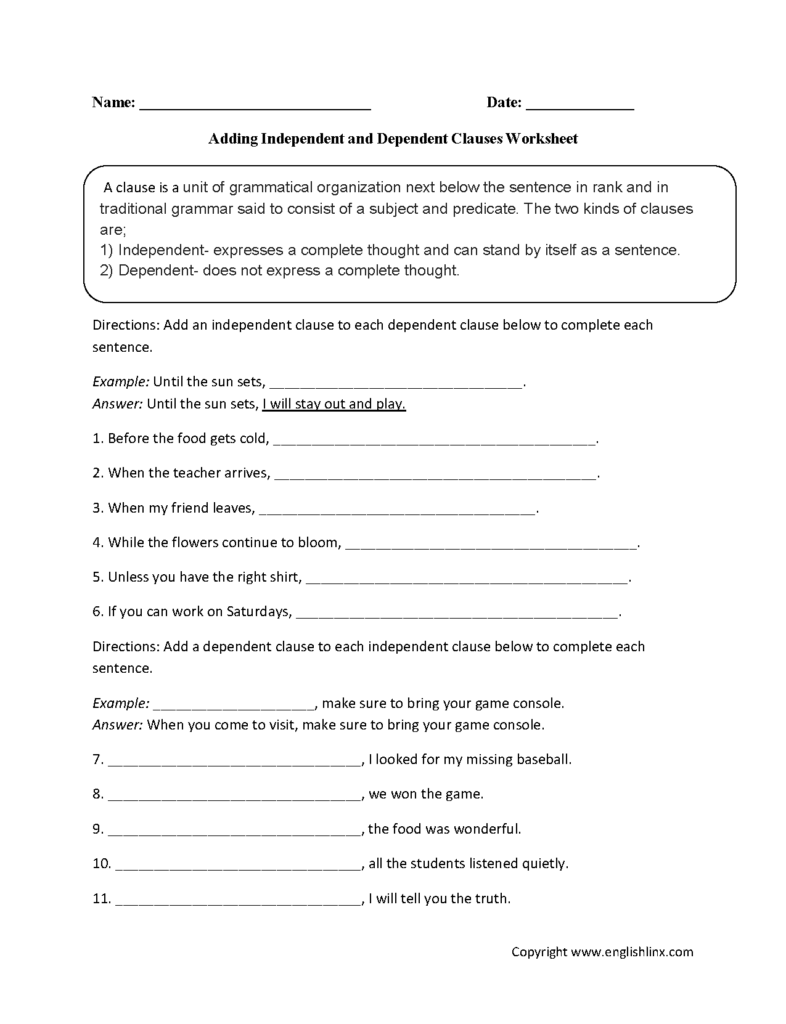 Independent Vs Dependent Clause Worksheet