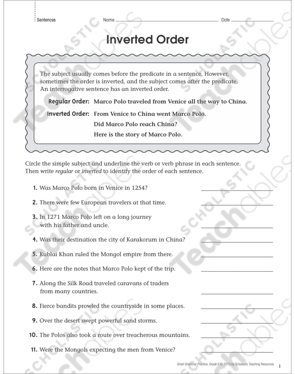 Inverted Order Sentences Grammar Practice Page Printable Skills Sheets