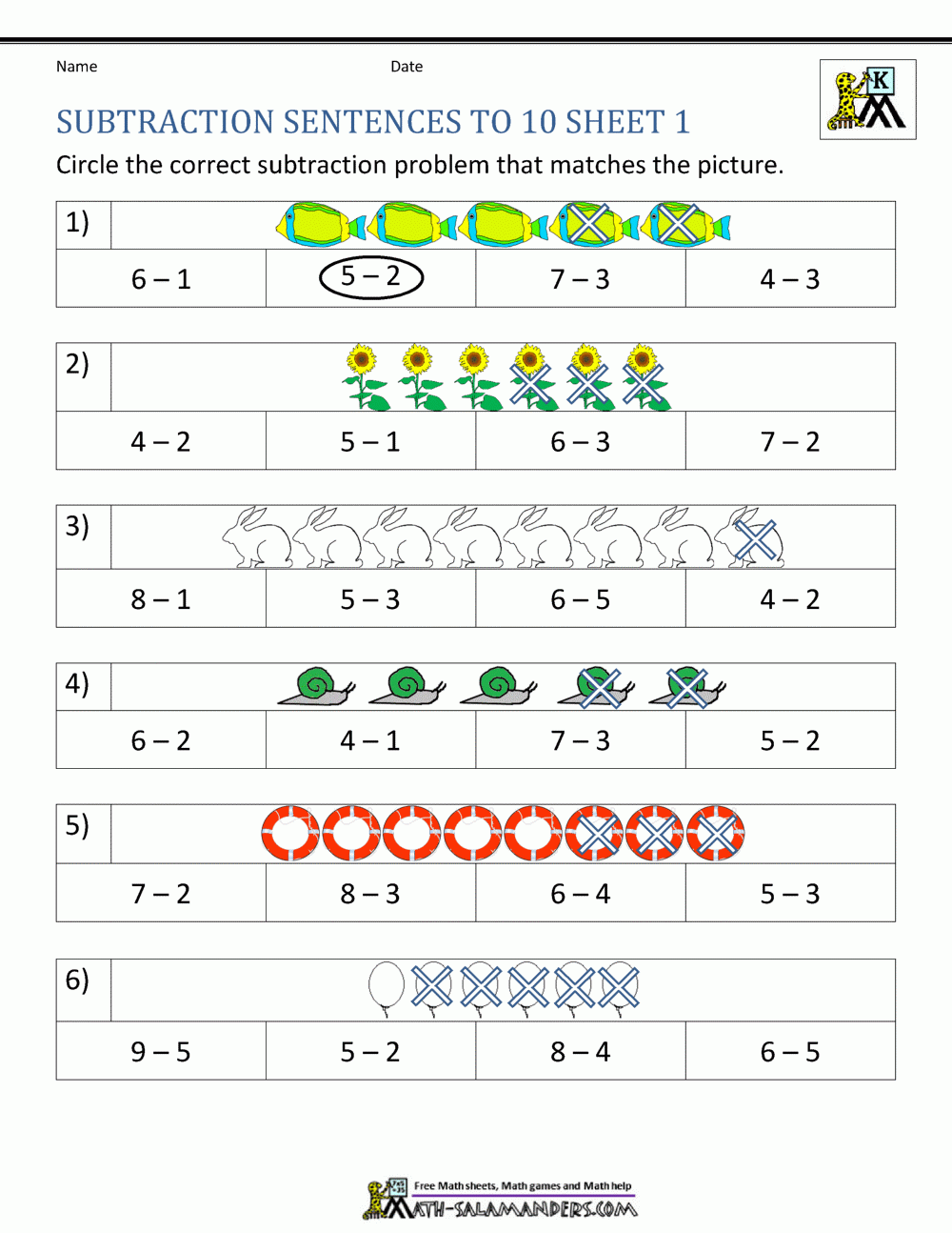 Kindergarten Subtraction Worksheets