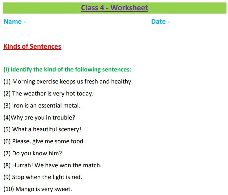 Kinds Of Sentences Class 4 Worksheet Fill In The Blanks Identify The