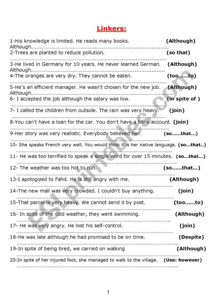 Linkers ESL Worksheet By Abdessalemmohamed