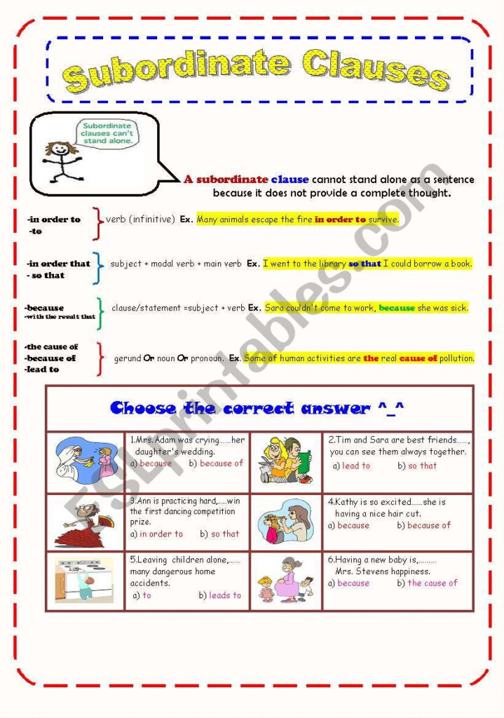 Main And Subordinate Clauses Worksheet