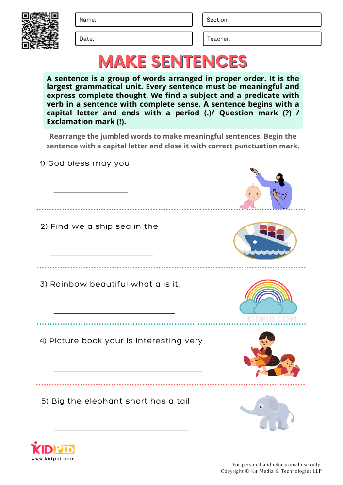 Make Sentences Free Printable Worksheets For Grade 2 Kidpid