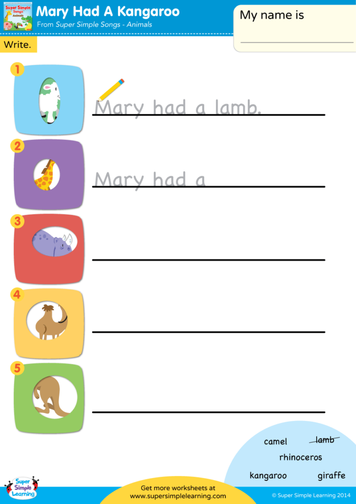 Mary Had A Kangaroo Worksheet Write The Sentence Super Simple